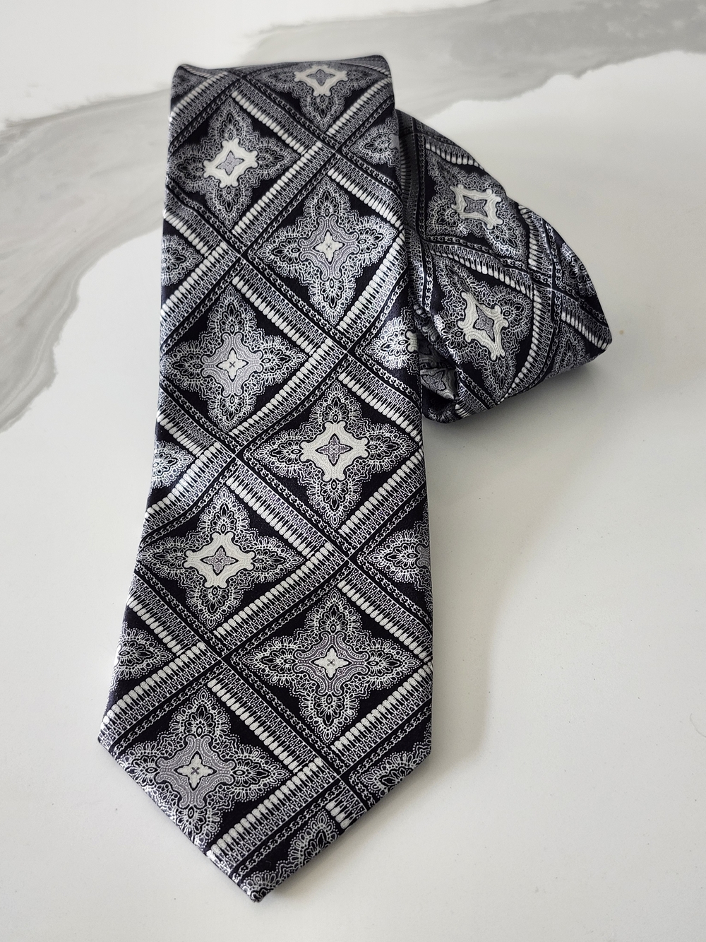 Made In Italy Black & Silver Ornate Square Pattern Tie